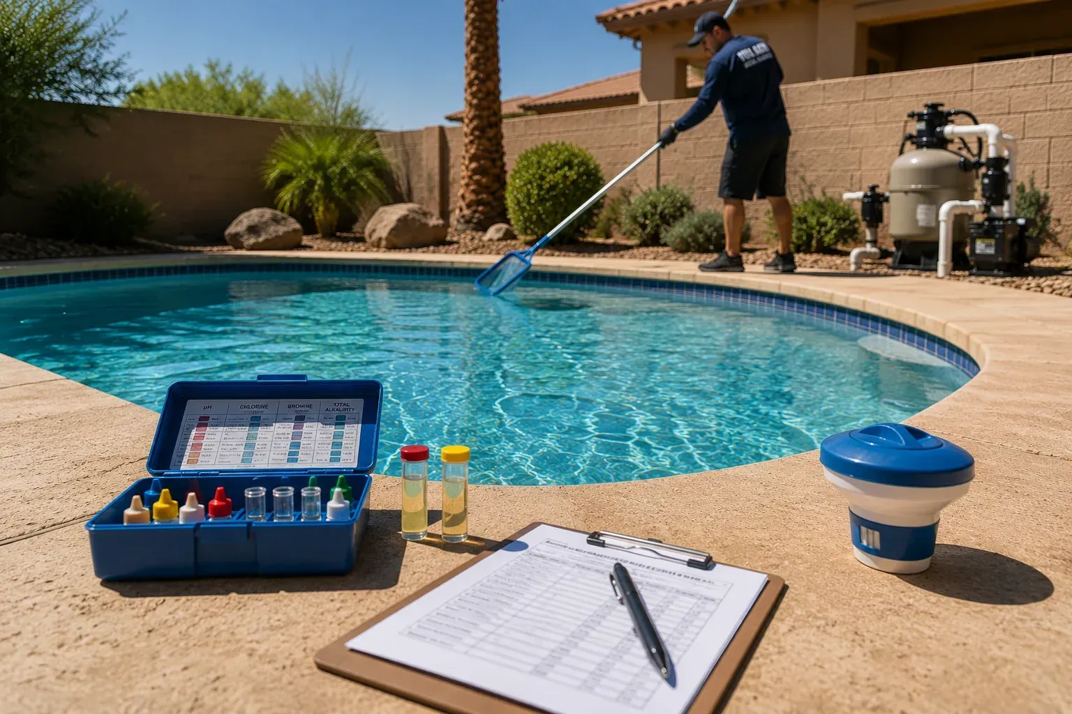 A hand holding a pool water test kit next to a clear, blue swimming pool, illustrating a key maintenance step for homeowners wondering how often should pools be cleaned during summer.