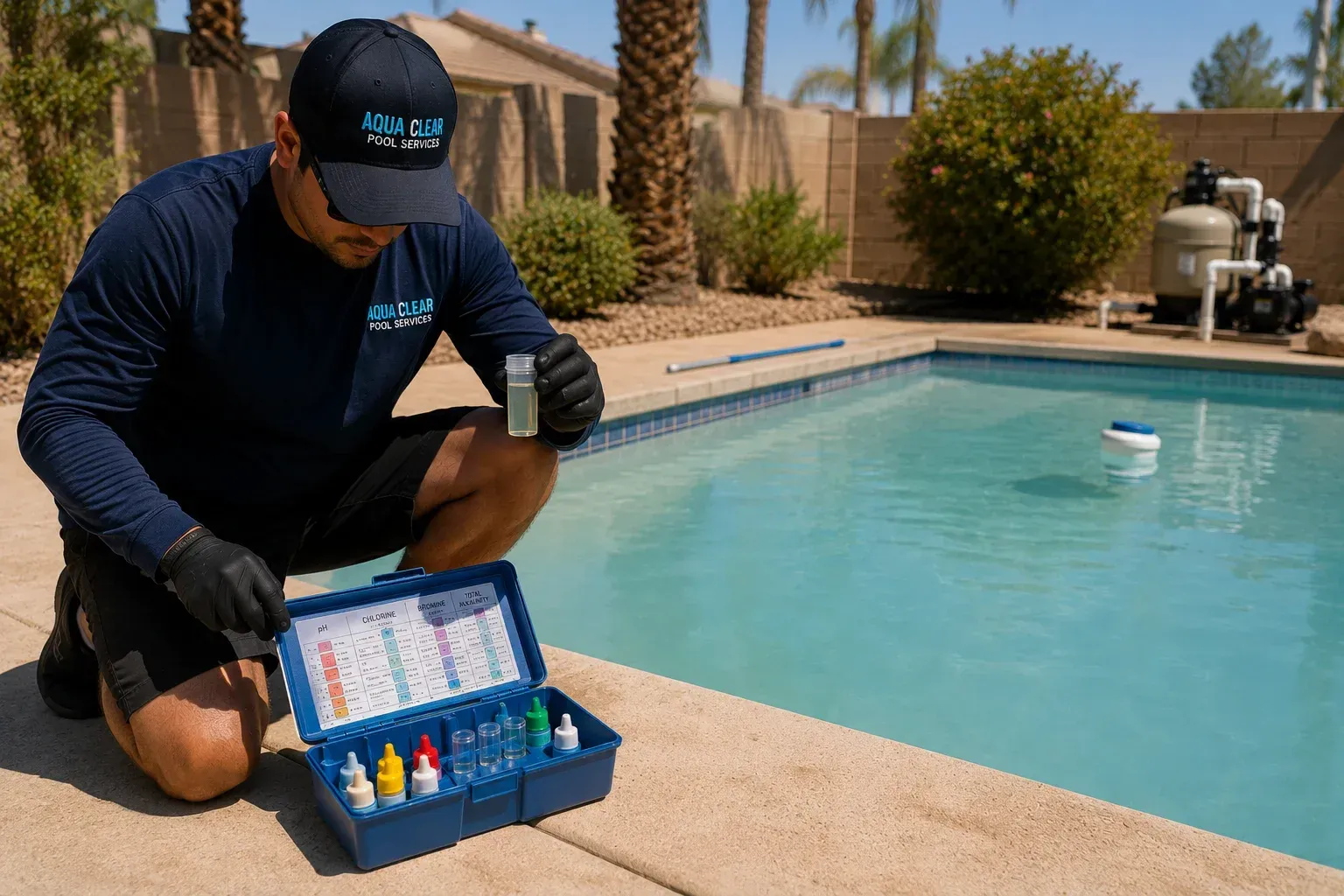 A technician testing pool water chemistry, helping explain why does pool water turn cloudy so fast.