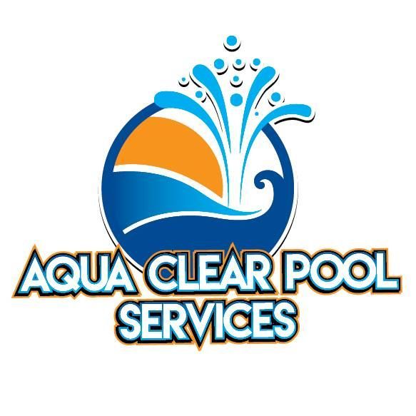 Logo for Aqua Clear Pool Services: Blue, orange, and white design with water splash over text.