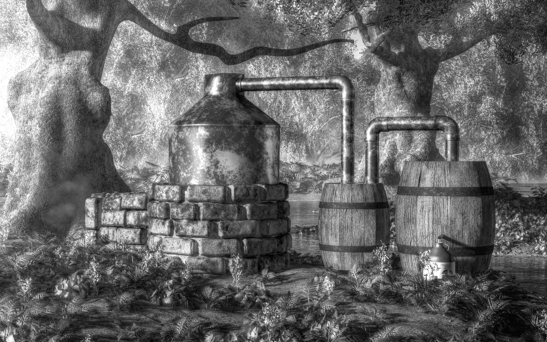 A black and white still set of a moonshine still in a wooded area.
