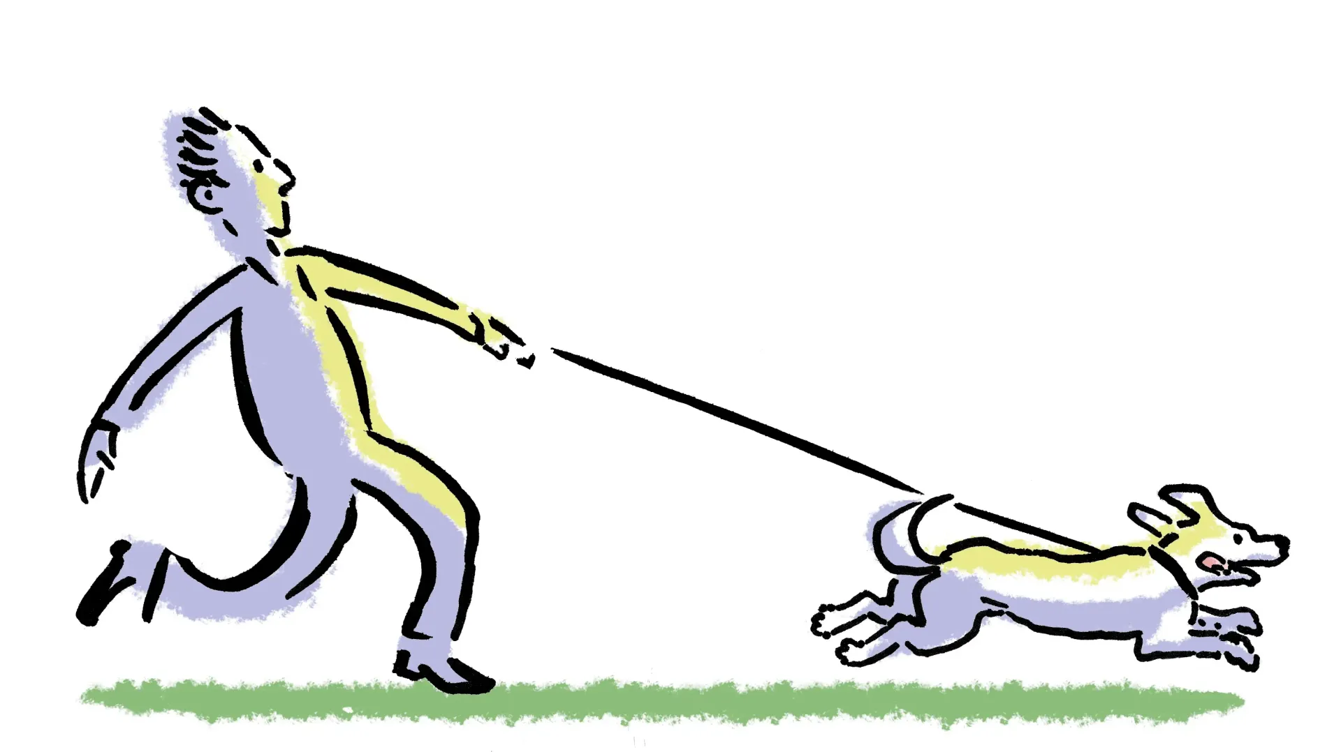 Persoon rent met hond aan de lijn door het gras.