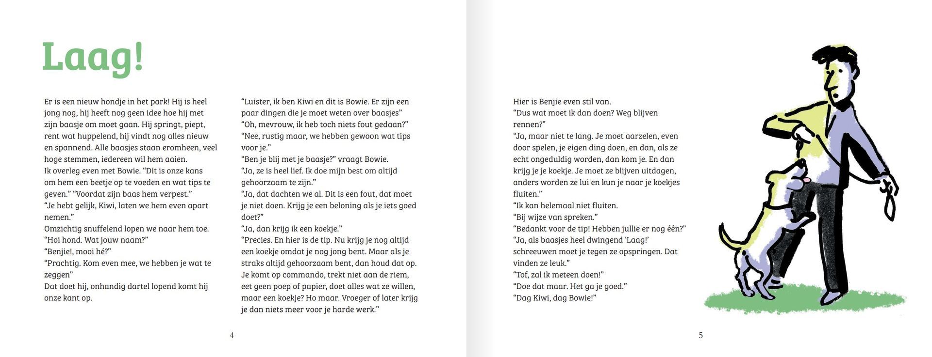 Een man laat een hond uit, met de riem vast. De hond trekt aan de riem.