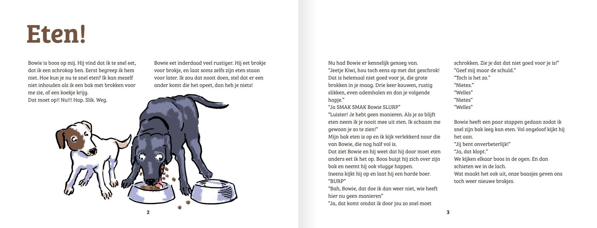 Twee honden eten uit bakjes; tekst in het Nederlands: