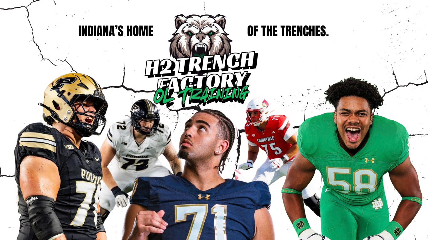 Football players in various uniforms, some smiling. 