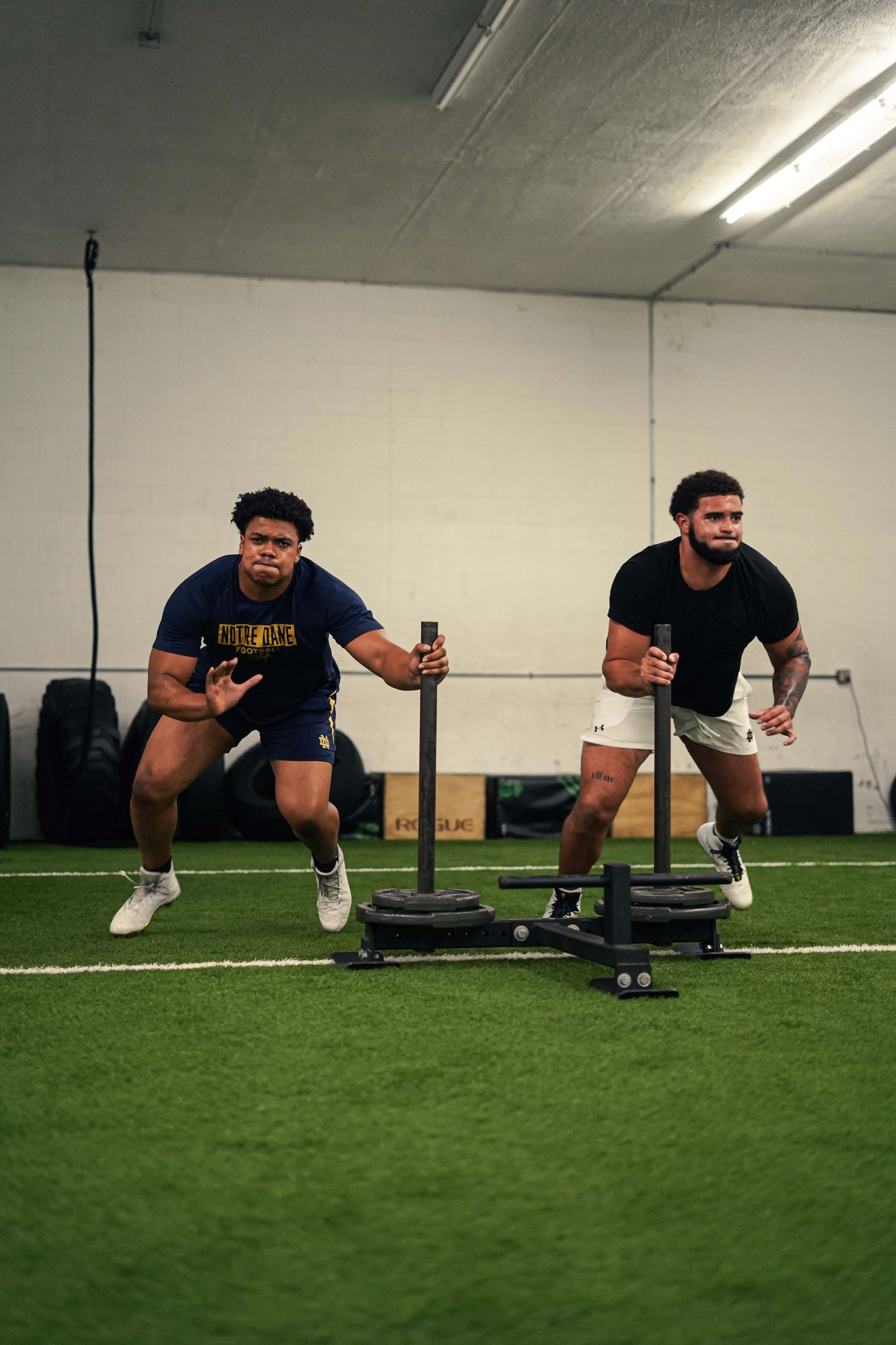 Two athletes in a gym push weighted sleds across turf. One in navy shirt, one in black.