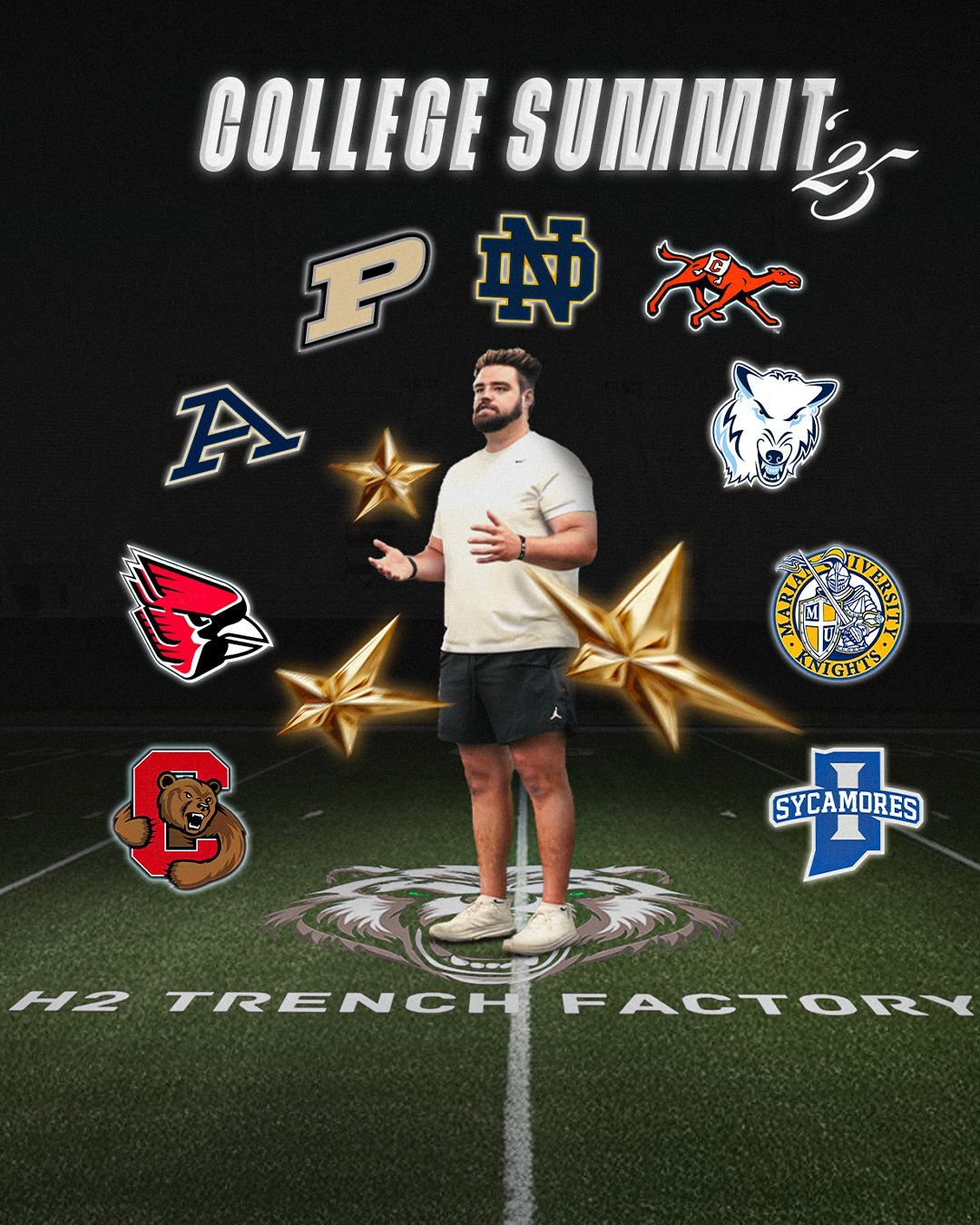 Man standing on a football field with college logos, promoting a 