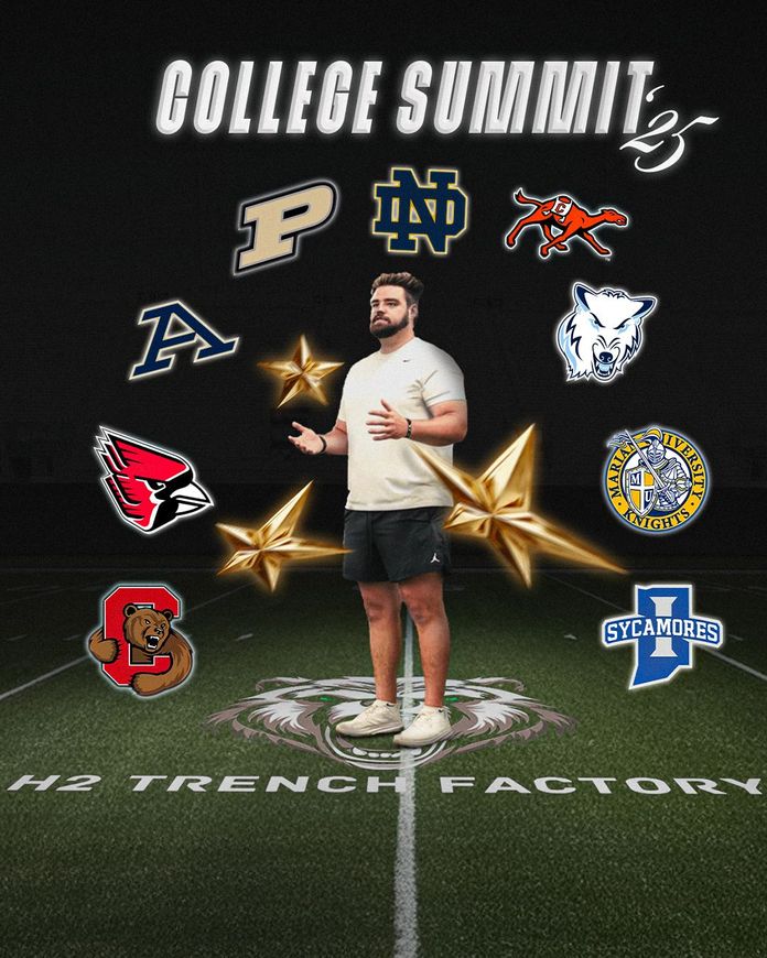 Man standing on a football field with college logos, promoting a