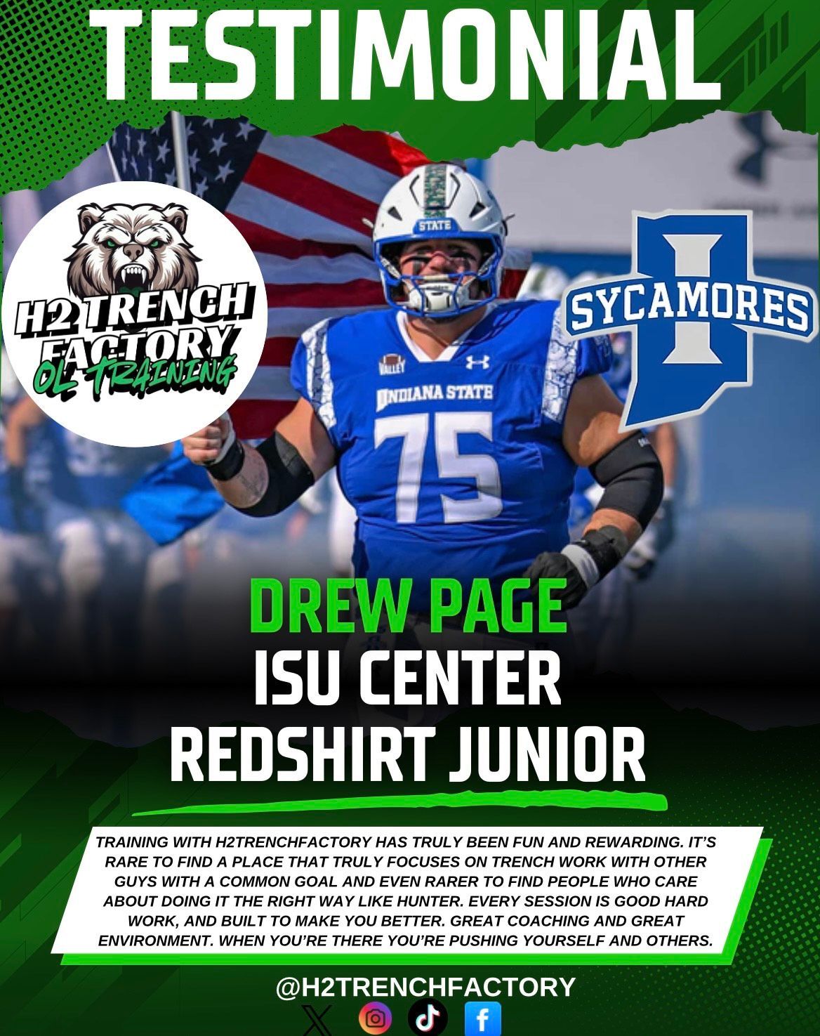 Football player in blue uniform with American flag, promoting 