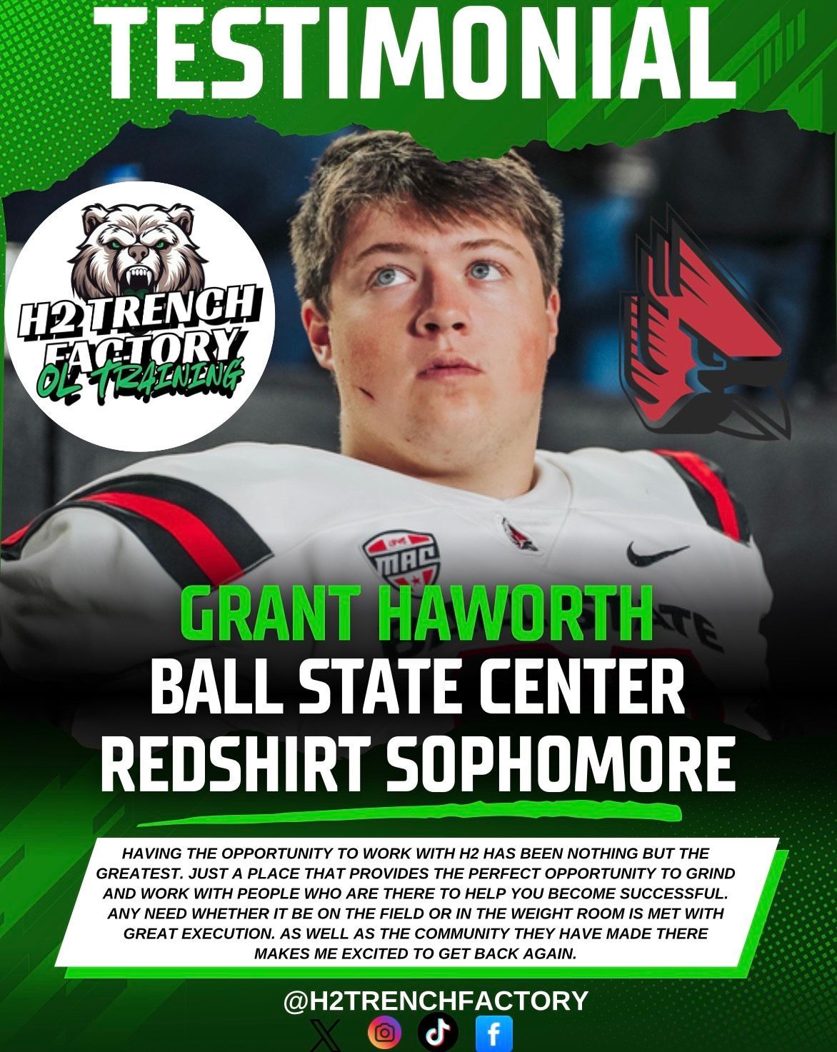 Testimonial for Grant Haworth, Ball State Center, redshirt sophomore. Green and white graphic.