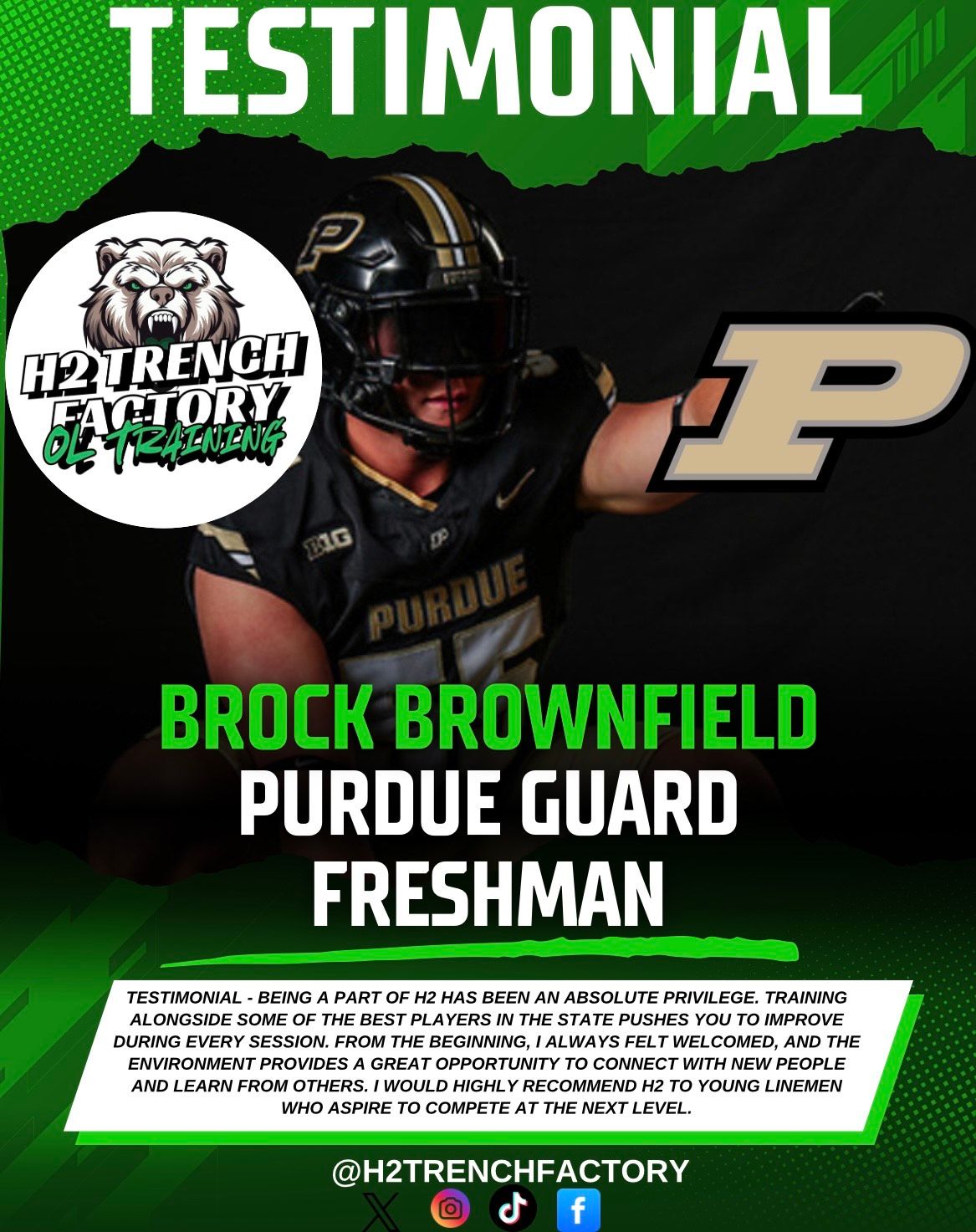 Testimonial: Purdue football player with logo for H2Trench Factory training.