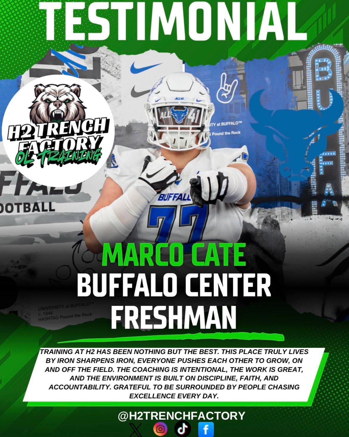 Football player Marco Cate in Buffalo uniform, freshman, testimonial for H2Trench Factory. Green and blue design.