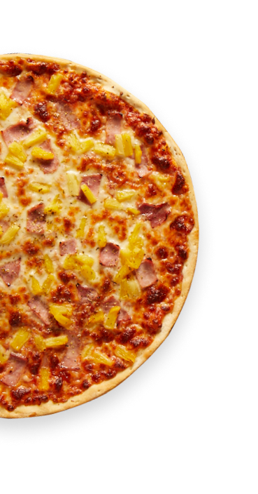 A pizza with pineapple , ham and cheese on a white background.