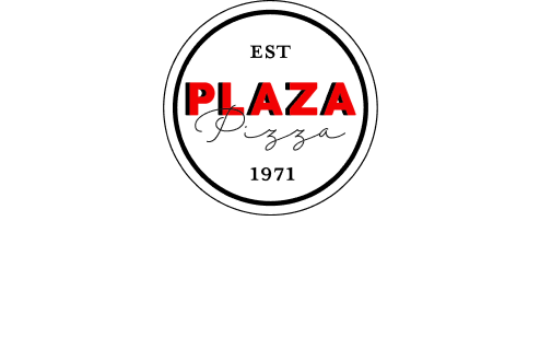 A logo for plaza pizza is shown on a white background.