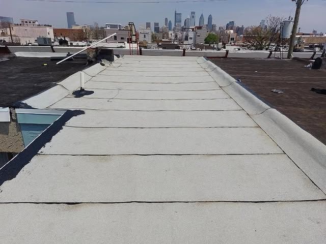 A rooftop with a city skyline in the background