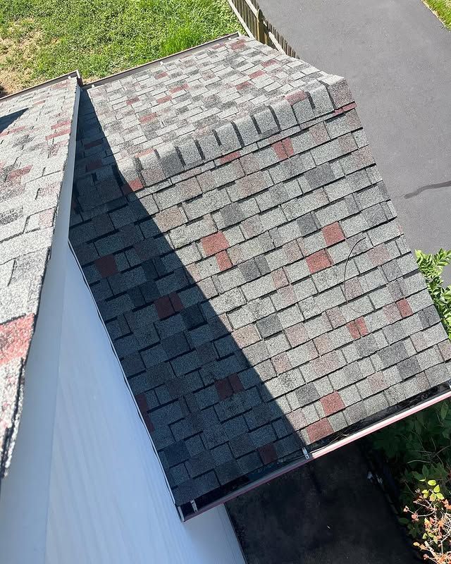 An aerial view of a roof of a house.