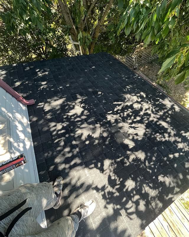 A person is standing on a roof with a tree in the background.