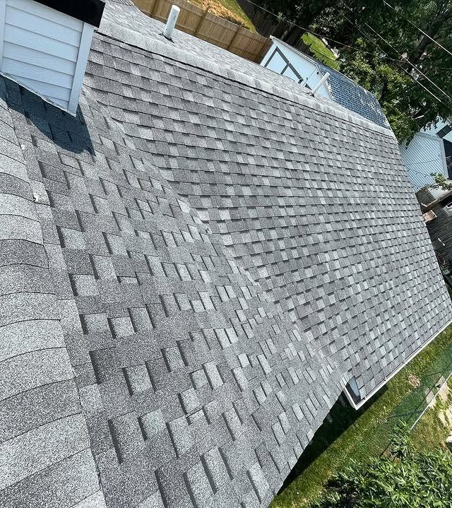 An aerial view of a roof of a house.