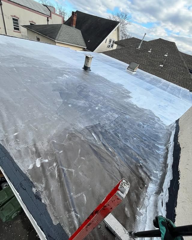 A roof is being painted white with a ladder in the foreground.