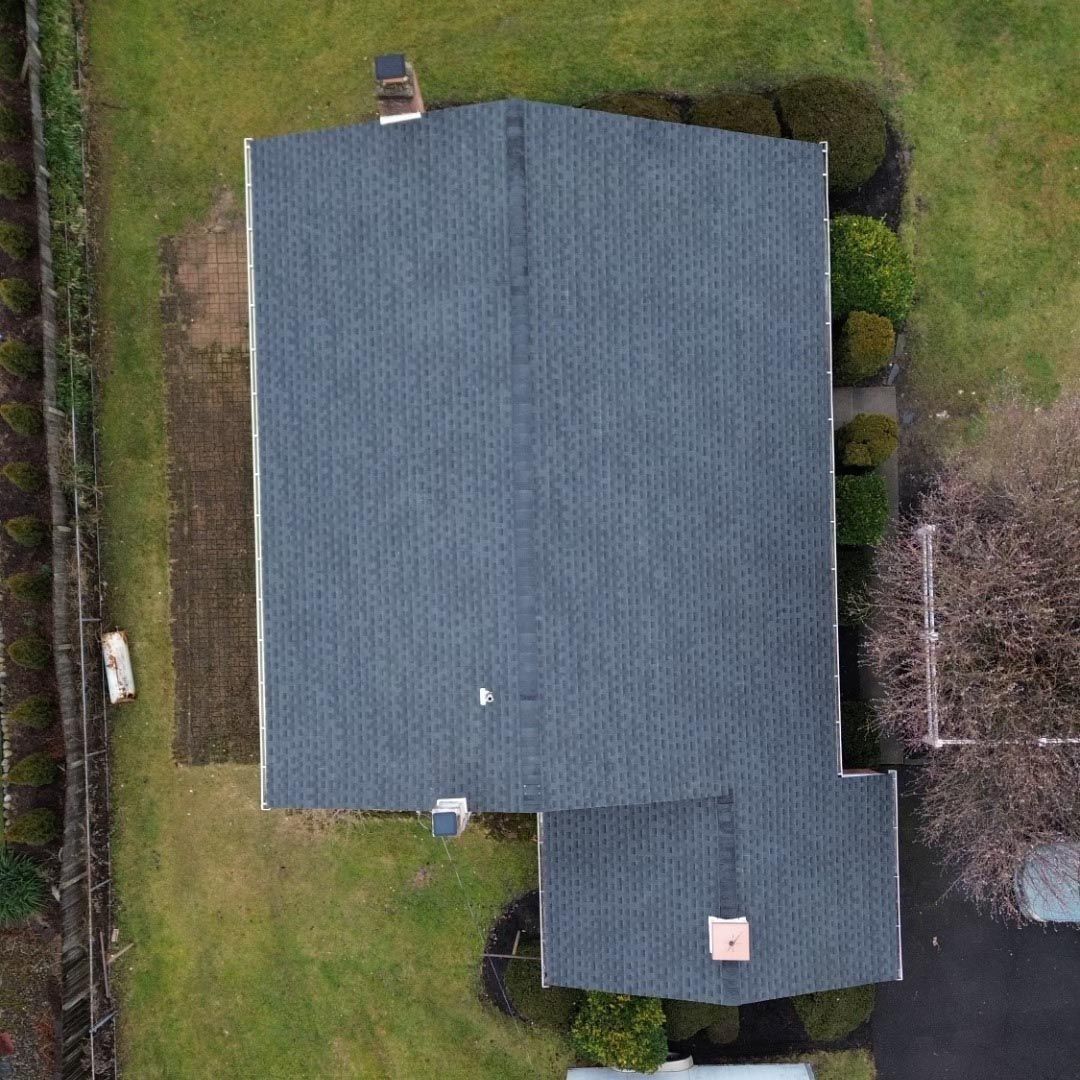 An aerial view of a house with a roof and a chimney.