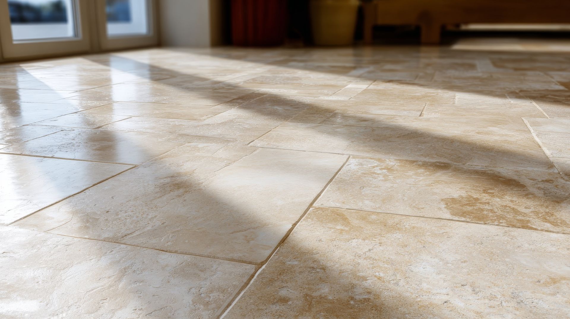 Beige travertine tile floor with sunlight, near a window.