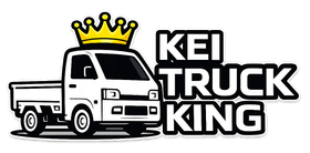 Logo featuring a white kei truck topped with a yellow crown next to the black, bolded text "KEI TRUCK KING".