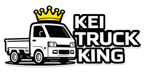 Logo featuring a white kei truck topped with a yellow crown next to the black, bolded text "KEI TRUCK KING".