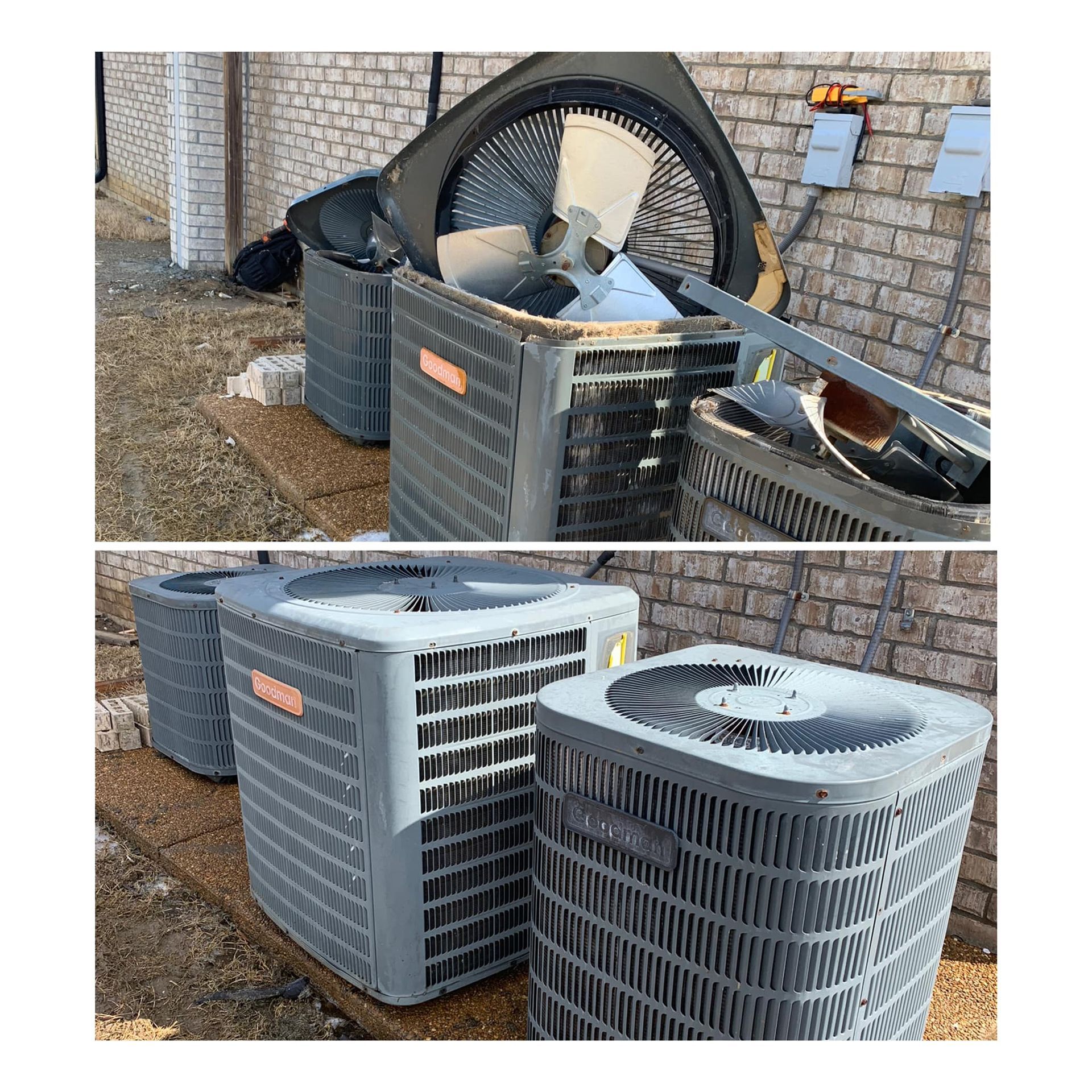 A couple of air conditioners sitting next to each other in front of a brick wall.
