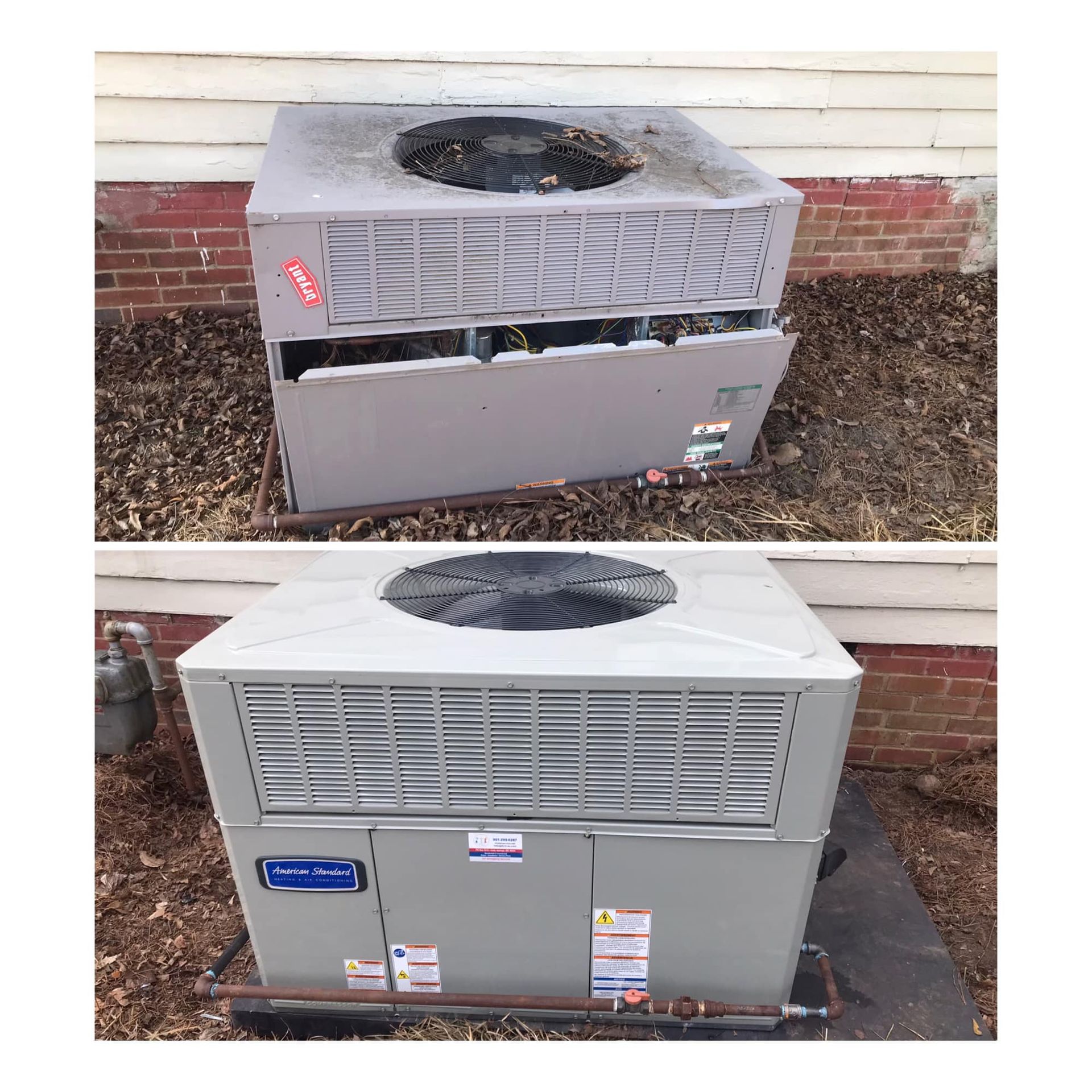 A picture of an air conditioner before and after being cleaned.