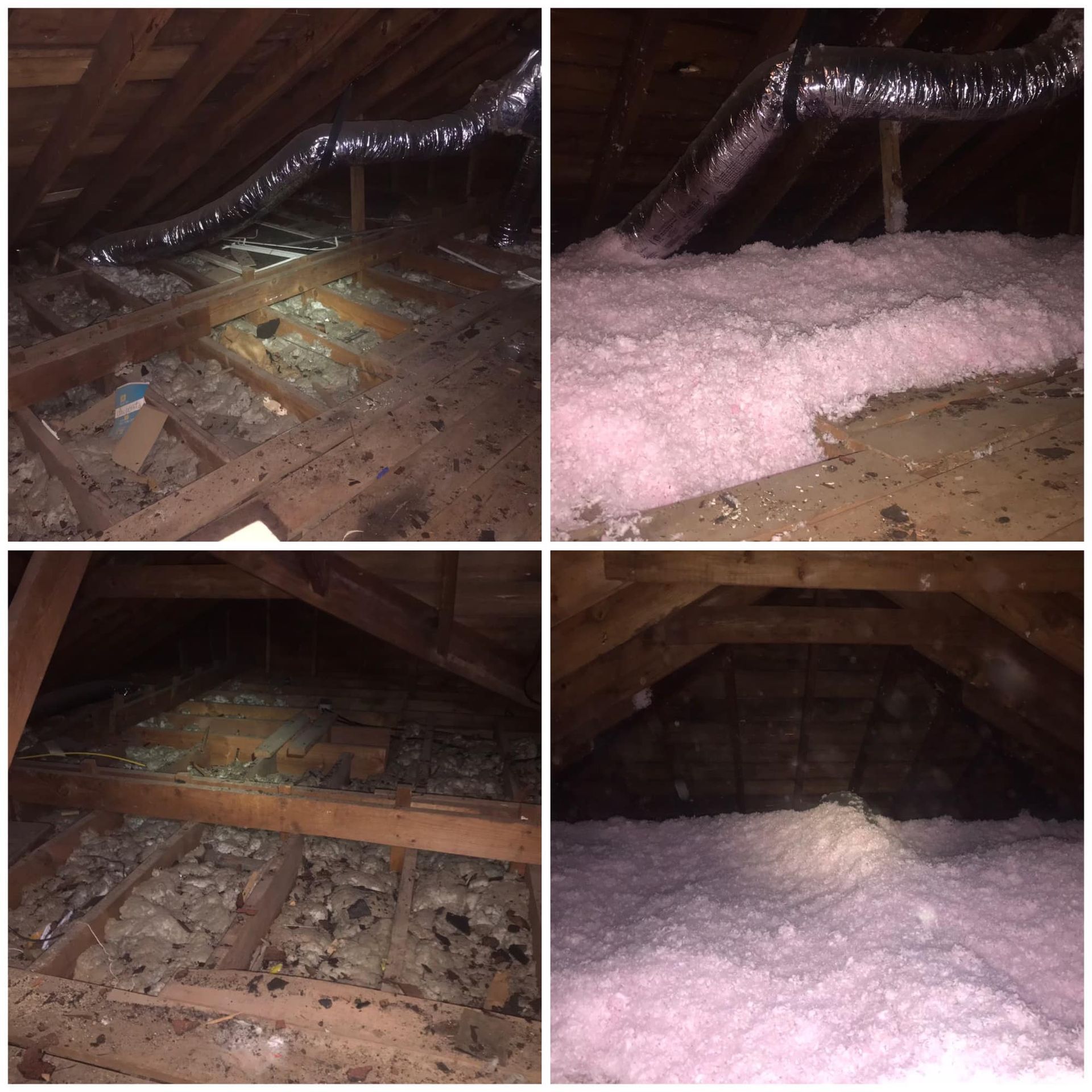A collage of four pictures of an attic with pink insulation