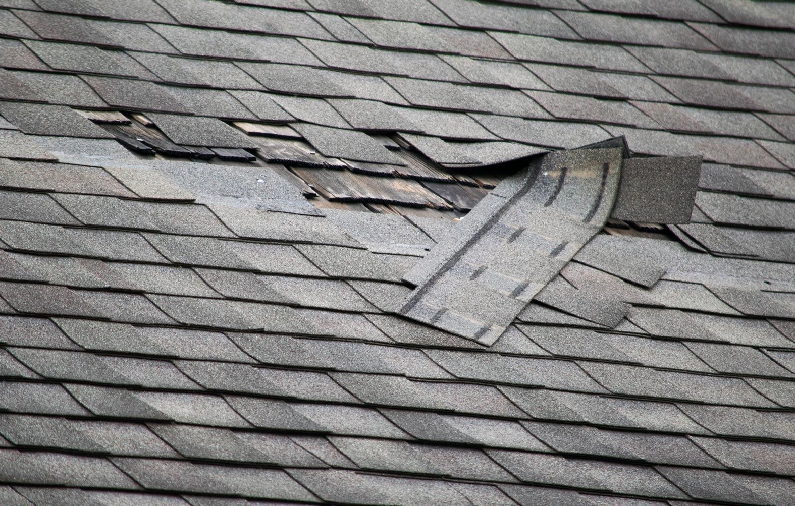 A close up of a roof with a broken shingle.
