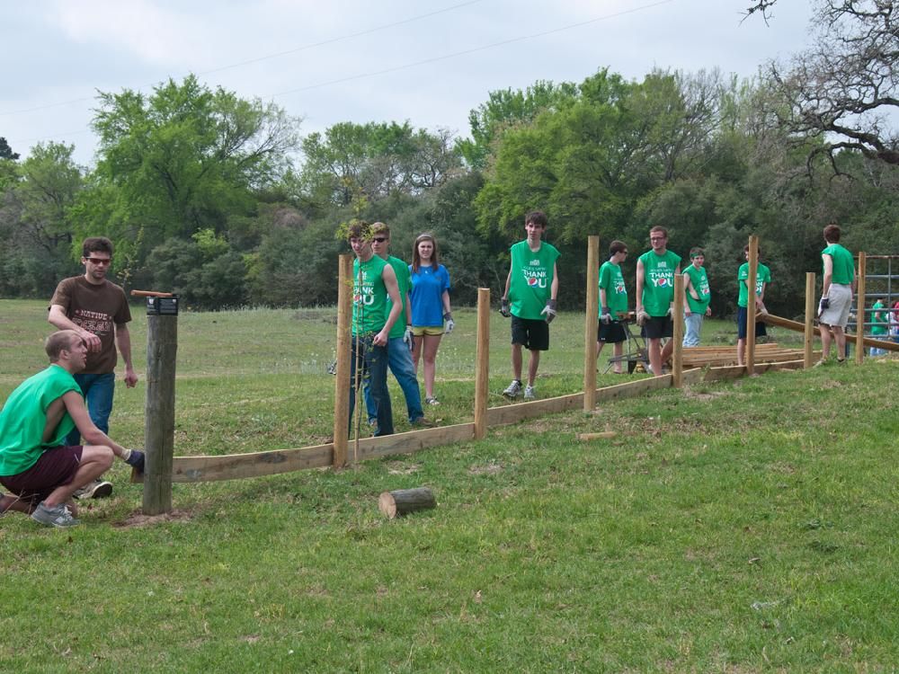 A group of people in green shirts are working on a wooden fence
