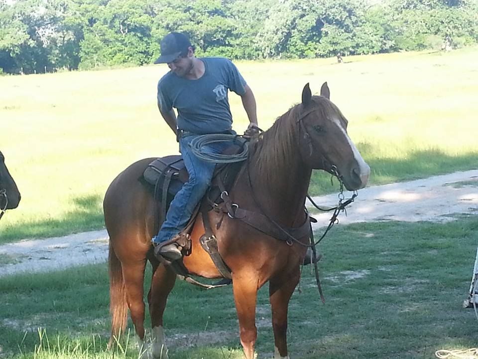 A man is riding a brown horse in a field