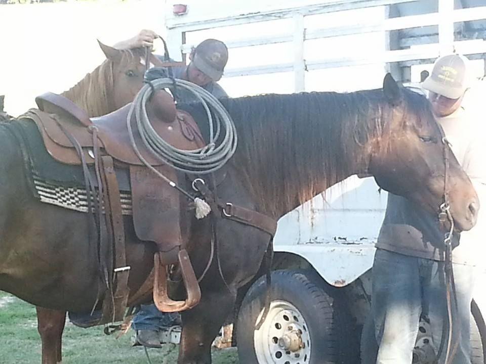 Two men are standing next to a horse with a saddle on it
