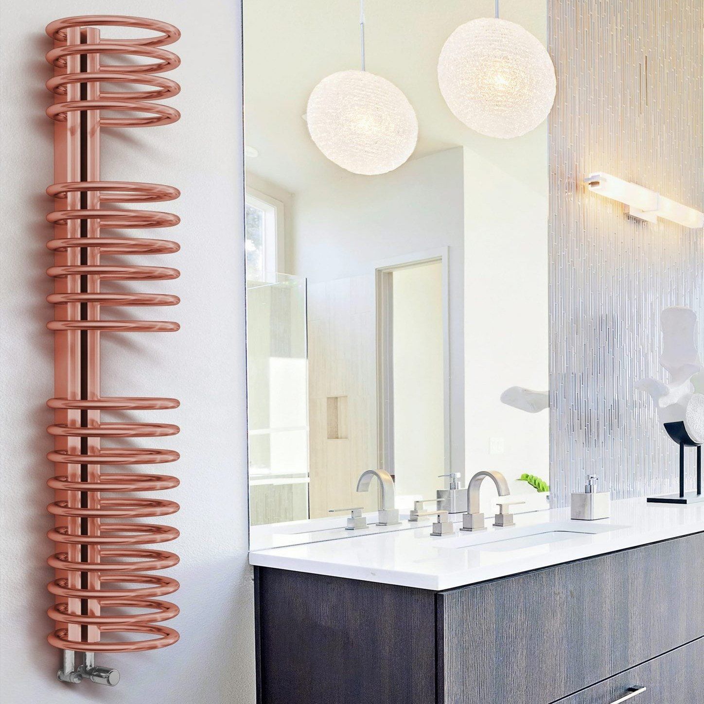 Picture of a copper coil radiator panel in a modern bathroom