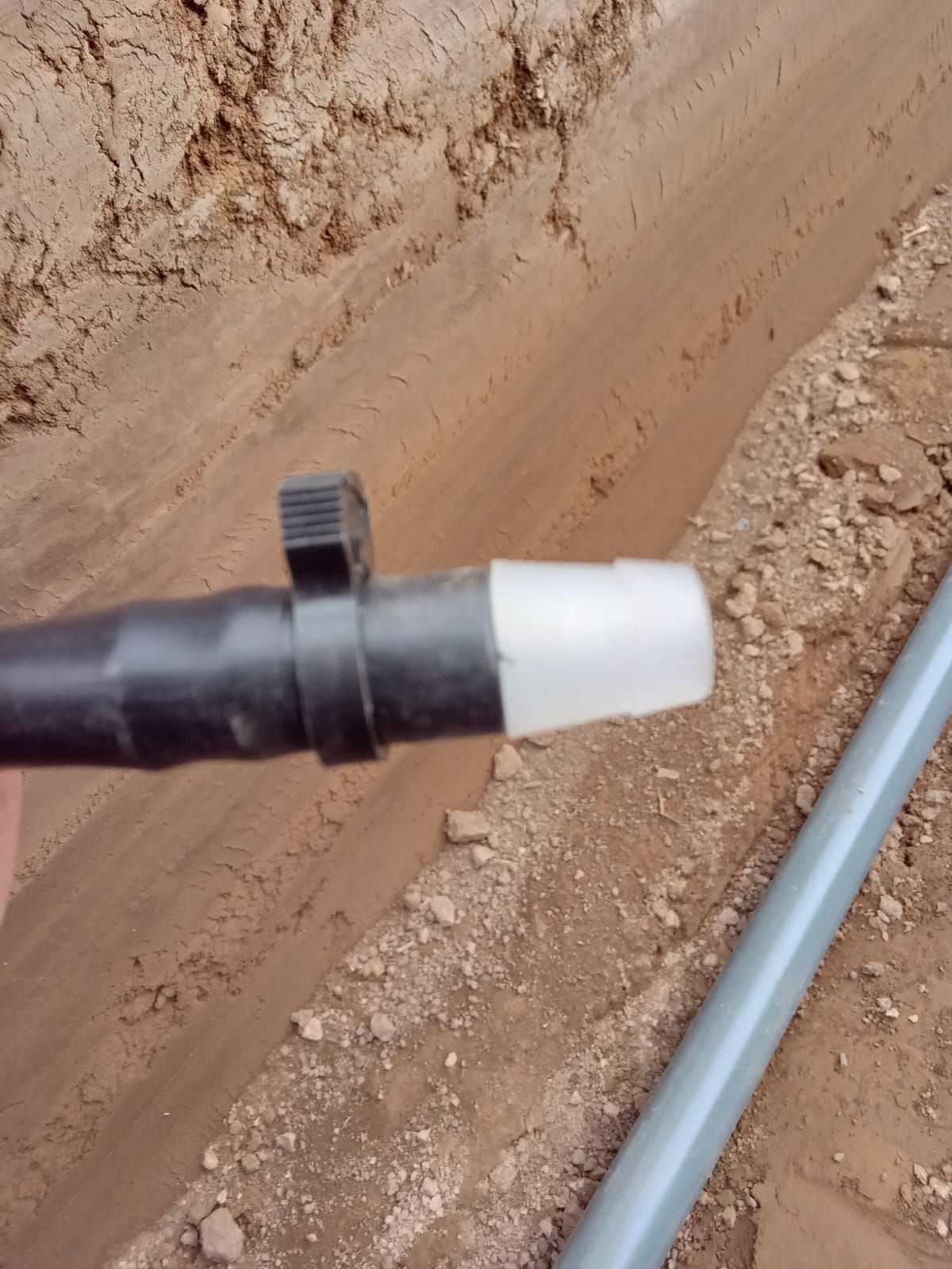 Tubo de riego negro con tapa blanca en una zanja de tierra.