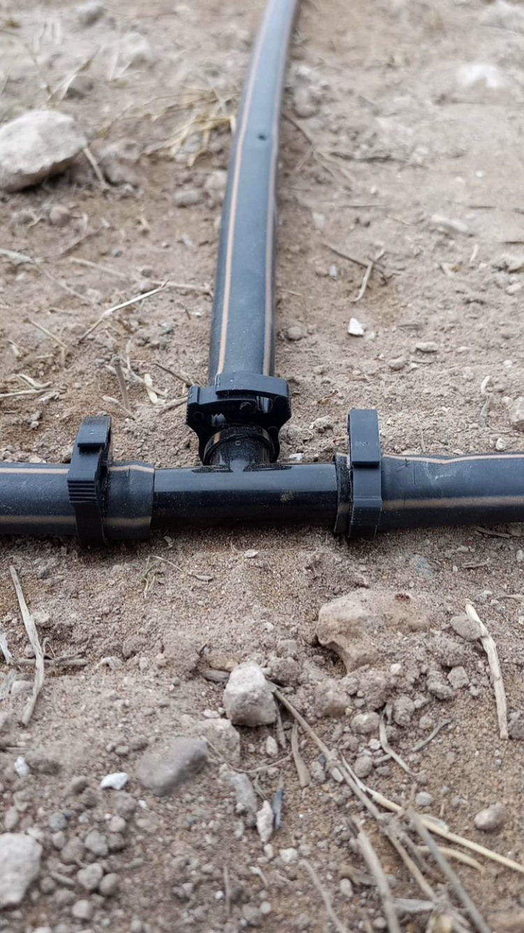 Tubo de riego negro con conector en T sobre suelo seco.