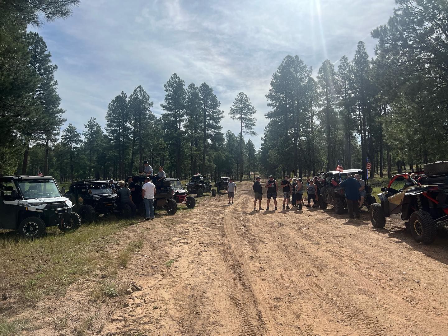 A group of people are standing on a dirt road surrounded by trees.