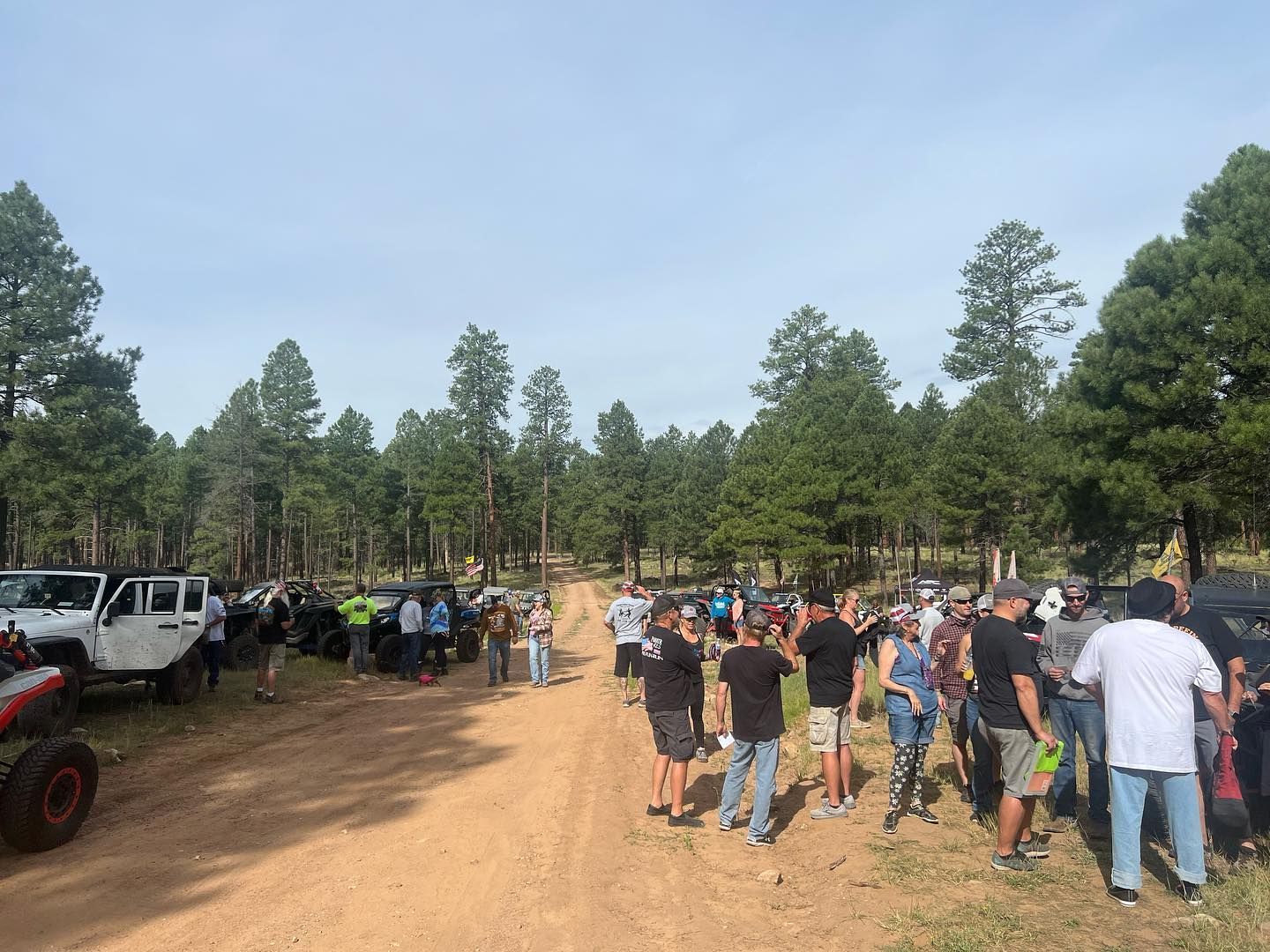 A group of people are standing on a dirt road in the woods.