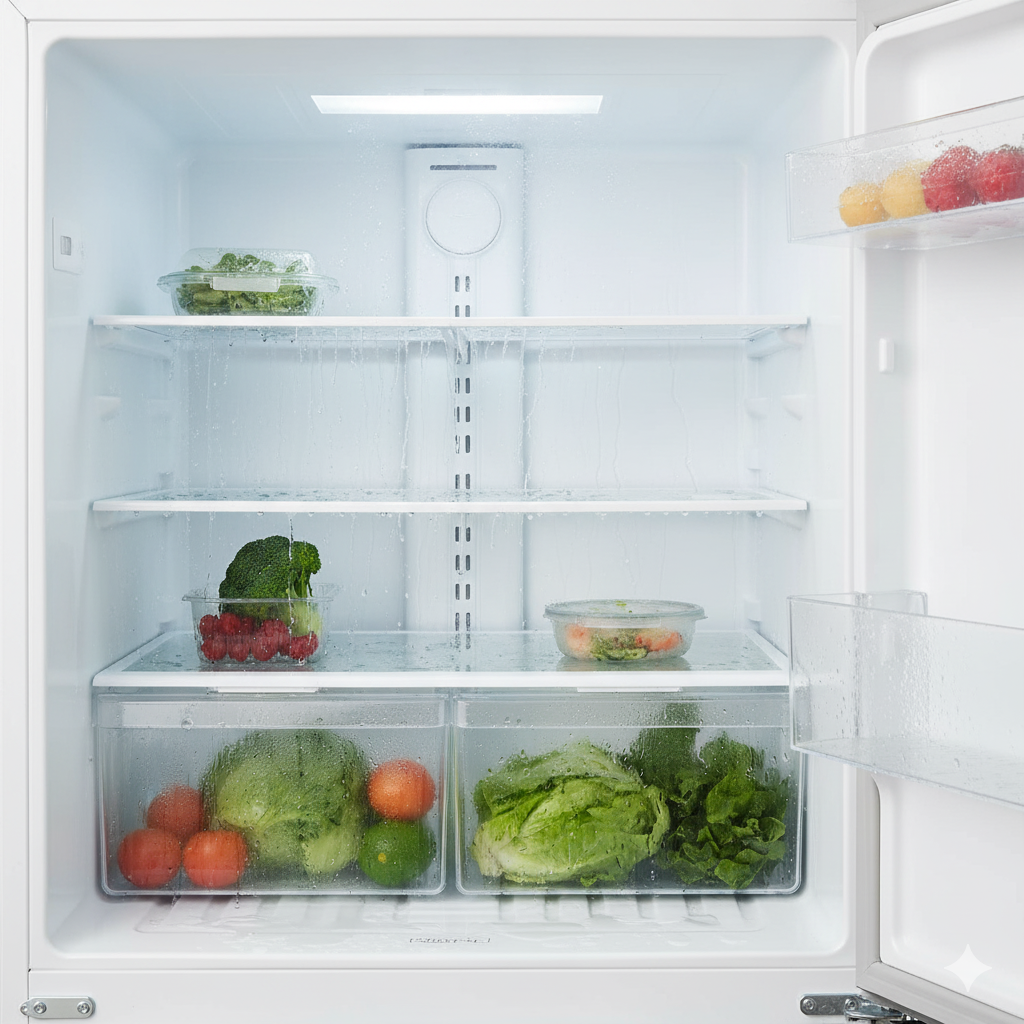 Condensation forming inside a refrigerator with water droplets on shelves, illustrating moisture