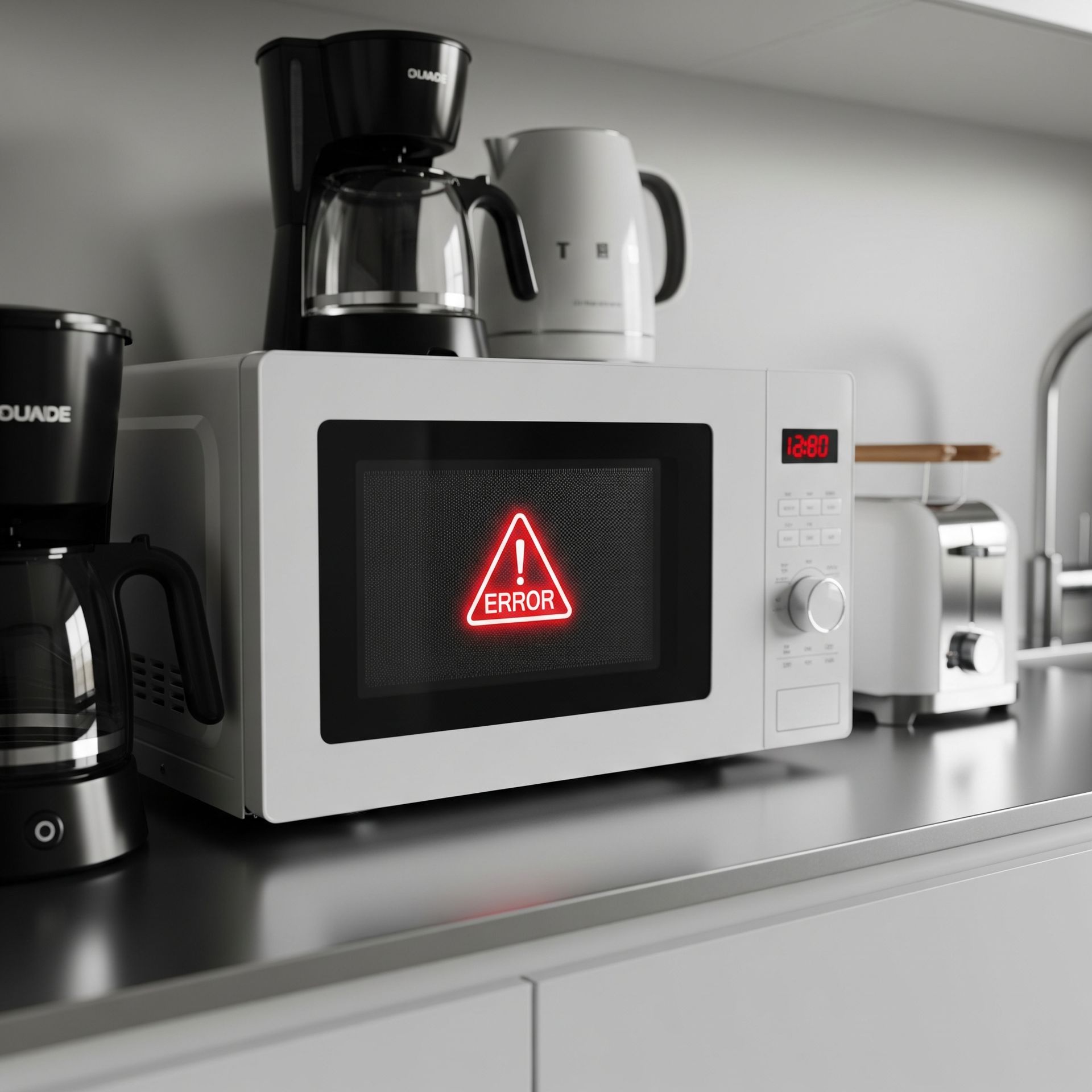 A microwave with an error sign on the screen