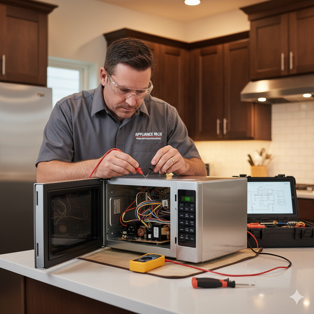 Technician repairing a microwave oven in a kitchen, showing common appliance repair steps for homeow