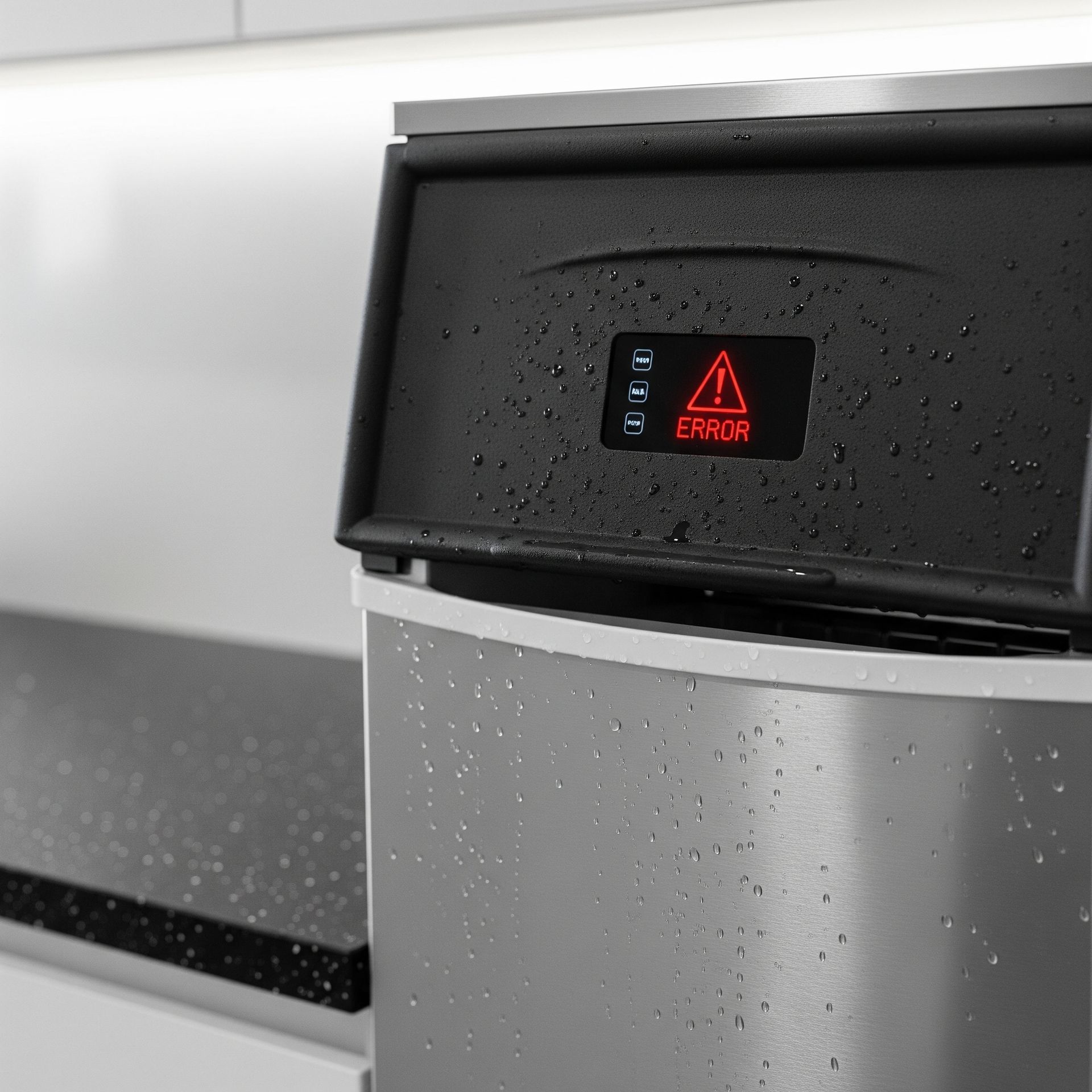 A stainless steel trash can with a red triangle on it