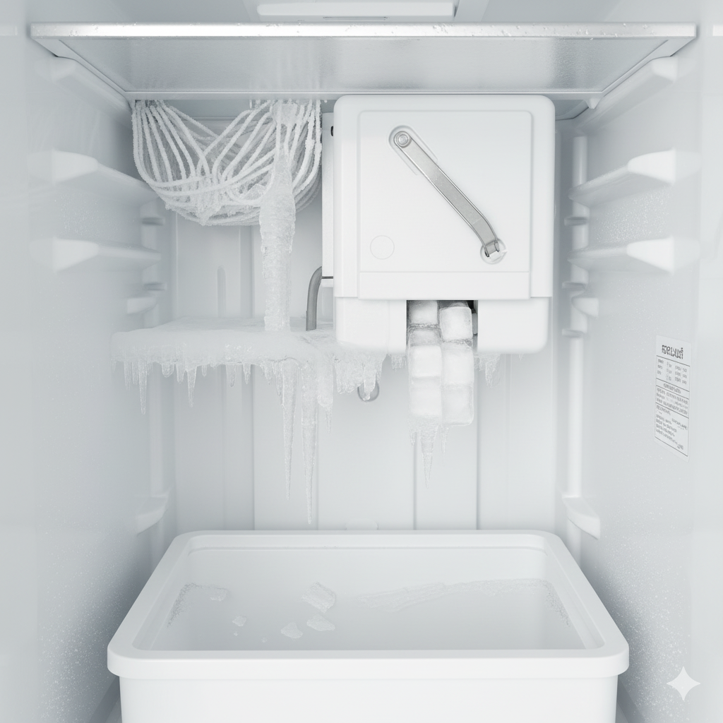 Close-up of a refrigerator ice maker with a technician checking for issues and performing basic appl