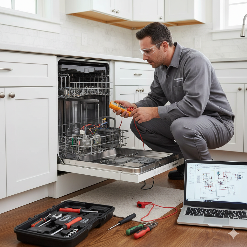 Technician fixing a leaking dishwasher, showing repair tips for drainage and startup issues in a mod