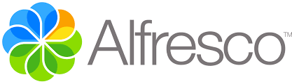 A logo for alfresco with a flower in the middle