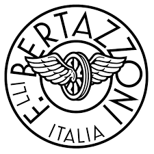 A black and white logo with a wheel and wings in a circle.
