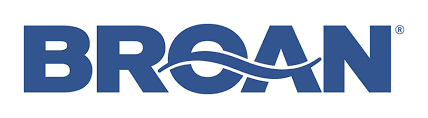 The logo for broan is blue and white with a wave in the middle.