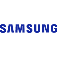 The samsung logo is blue and white on a white background.