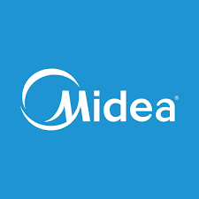 The midea logo is white on a blue background.