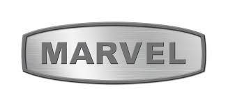 A silver marvel logo on a white background.
